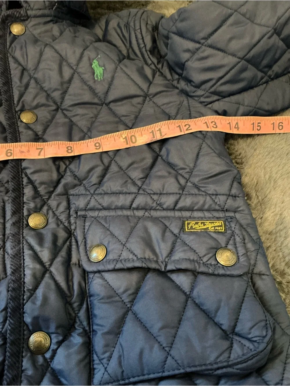 Ralph Lauren Navy Quilted Hooded Puffer with Green Lining